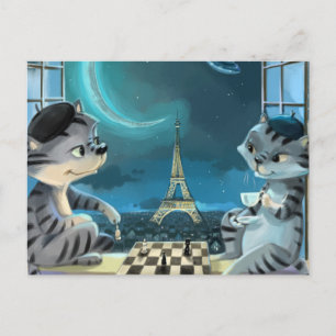 Cats Eiffel Tower -  Night Postcard