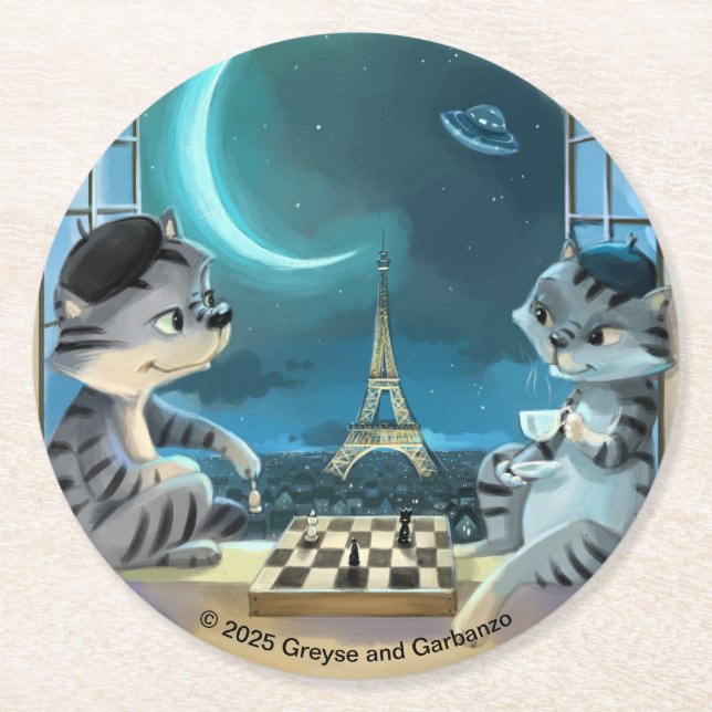 Cats Eiffel Tower -Night Round Paper Coasters (6)  (Front)