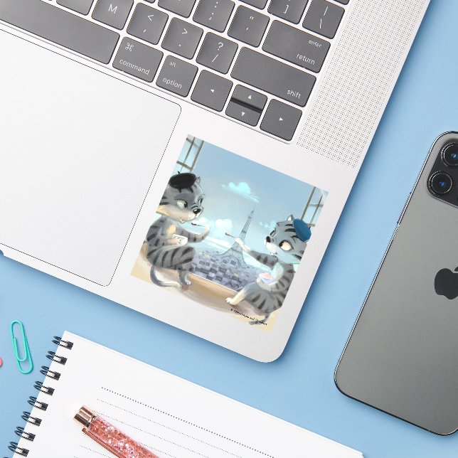 Cats & Eiffel Tower – Paris Vinyl Sticker (V)  (Laptop w/ iPhone)
