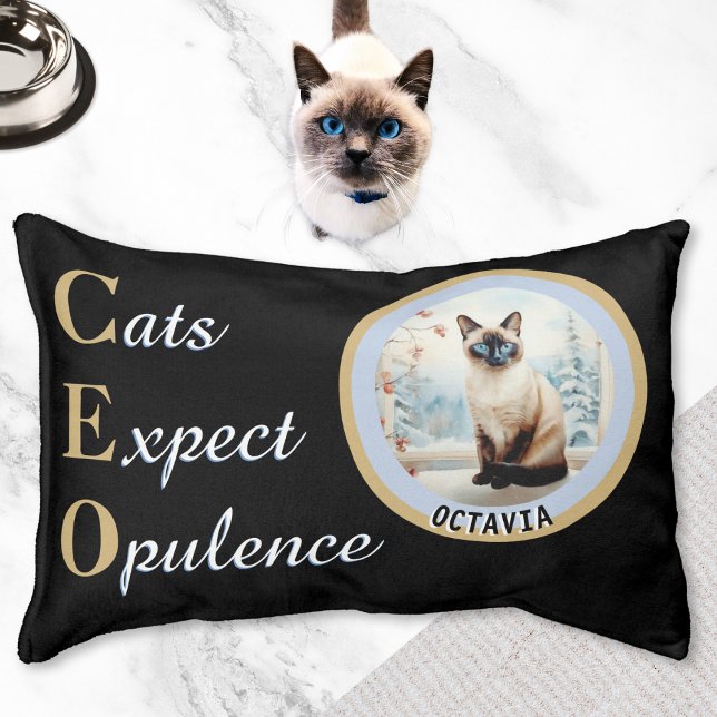 Cats Expect Opulence Black Cushion Photo Name (A black cat bed with words CEO / Cats Expect Opulence. Add your cat's photo and name)