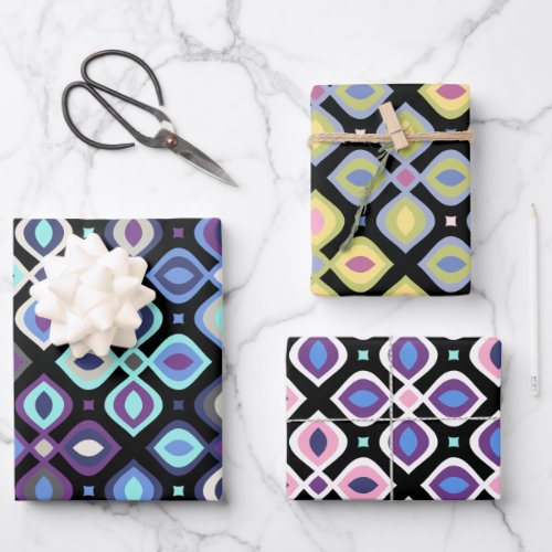 Cats_eye 70s inspired geometric floral wrapping paper sheets