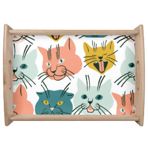 Cats Faces Funny Vintage Pattern. Serving Tray