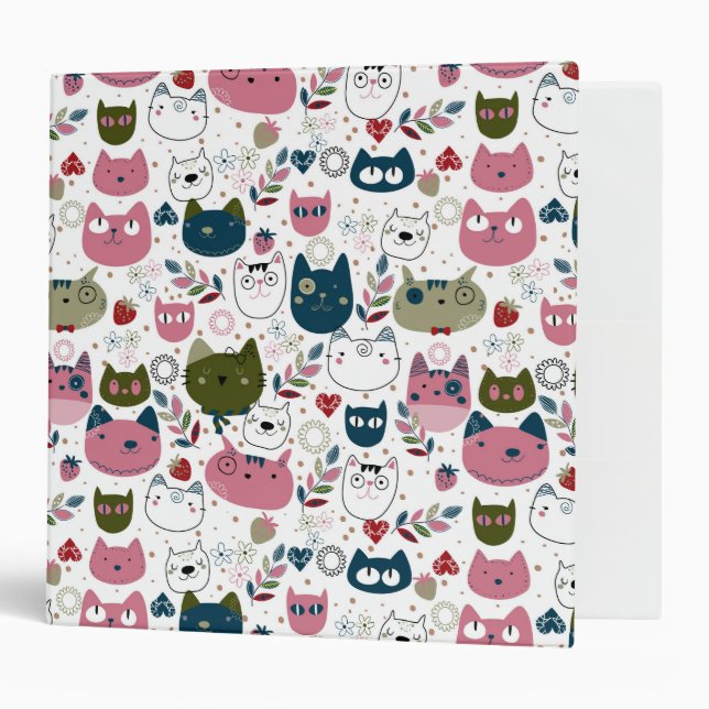 Cats faces muted warm green teal pink pattern 3 ring binder (Front/Inside)