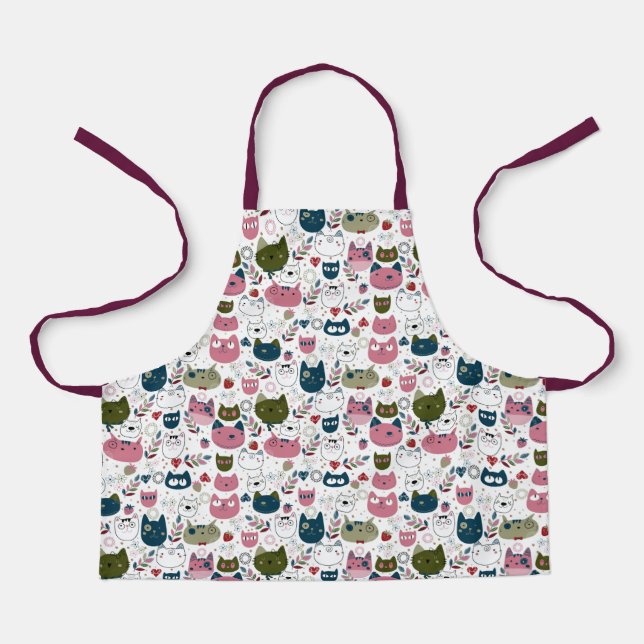 Cats faces muted warm green teal pink pattern apron (Front)