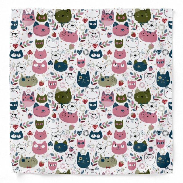 Cats faces muted warm green teal pink pattern bandana (Front)