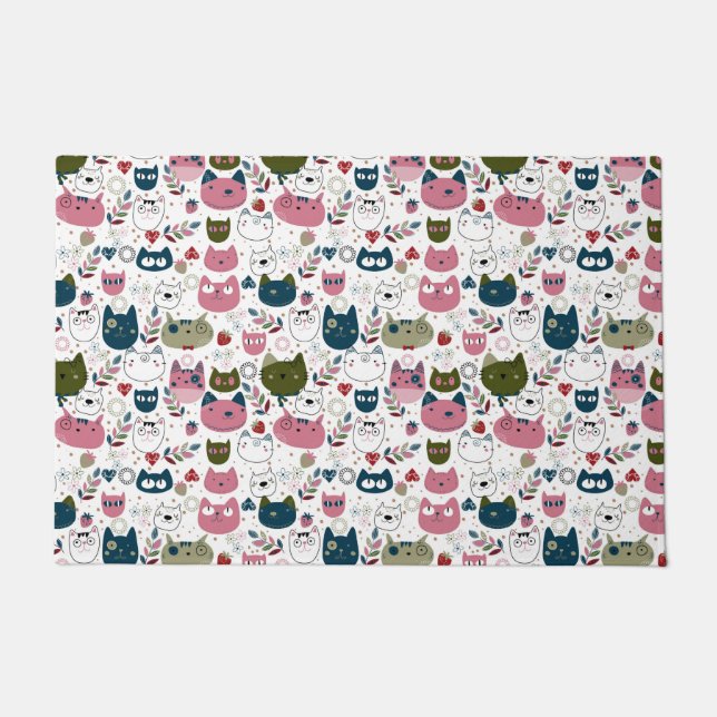 Cats faces muted warm green teal pink pattern doormat (Front)
