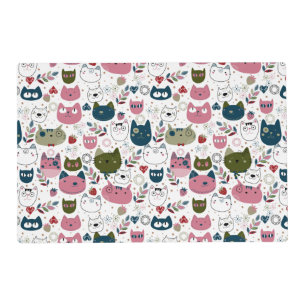 Cats faces muted warm green teal pink pattern placemat