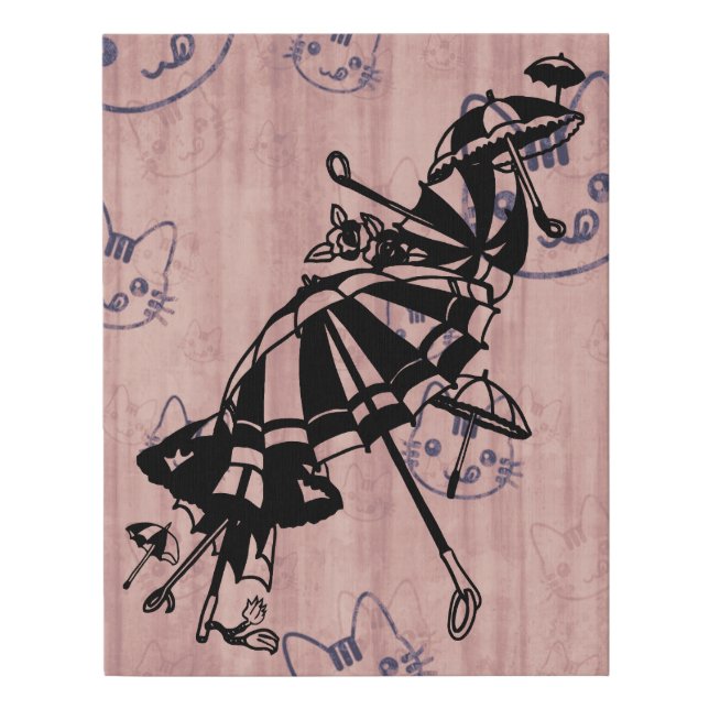 Cats Faces Parasols Umbrellas Ink art drawing   Faux Canvas Print (Front)