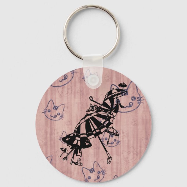 Cats Faces Parasols Umbrellas Ink art drawing  Keychain (Front)