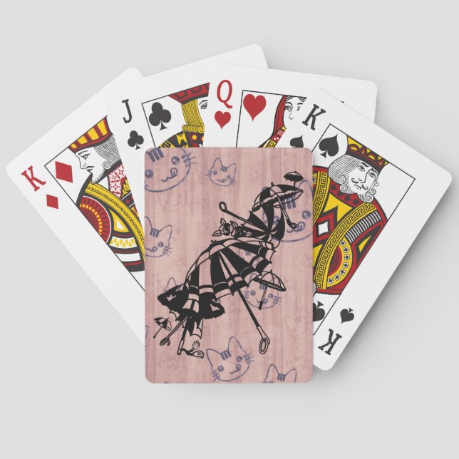 Cats Faces Parasols Umbrellas Ink art drawing  Poker Cards (Back)
