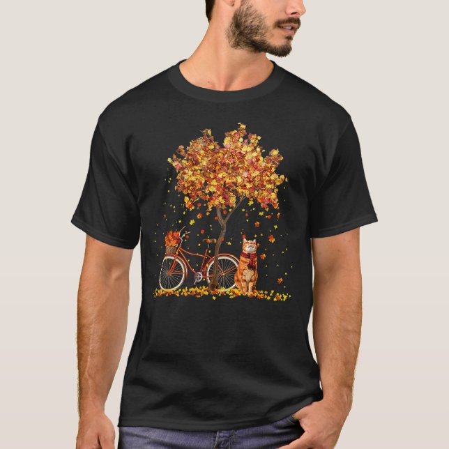 Cats Fall Autumn Leaf Tree And Bicycle - Cat Lover T-Shirt (Front)