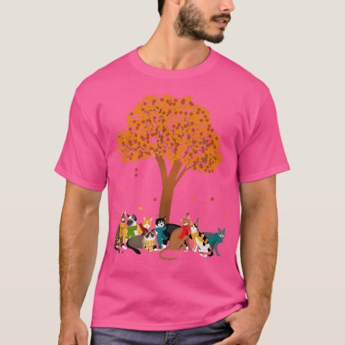 Cats Fall Autumn Leaf Tree Lover Season Fan Calend T_Shirt