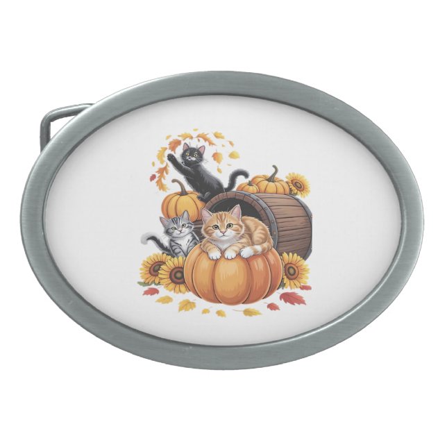 Cats Fall Autumn Pumpkins Thanksgiving Sunflower C Belt Buckle (Front)
