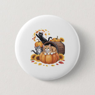 Cats Fall Autumn Pumpkins Thanksgiving Sunflower C Button