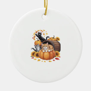 Cats Fall Autumn Pumpkins Thanksgiving Sunflower C Ceramic Ornament