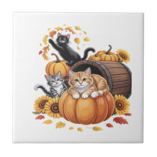 Cats Fall Autumn Pumpkins Thanksgiving Sunflower C Ceramic Tile