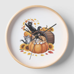 Cats Fall Autumn Pumpkins Thanksgiving Sunflower C Clock