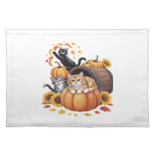 Cats Fall Autumn Pumpkins Thanksgiving Sunflower C Cloth Placemat