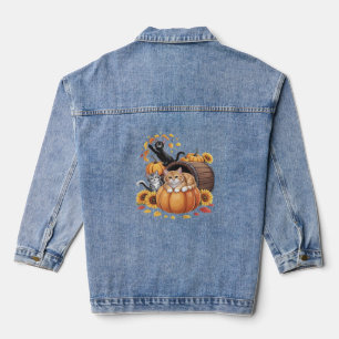 Cats Fall Autumn Pumpkins Thanksgiving Sunflower C Denim Jacket