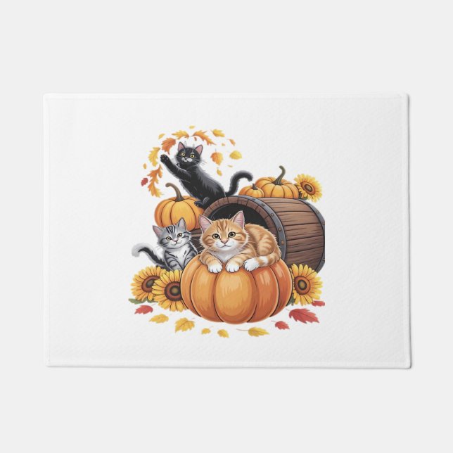 Cats Fall Autumn Pumpkins Thanksgiving Sunflower C Doormat (Front)