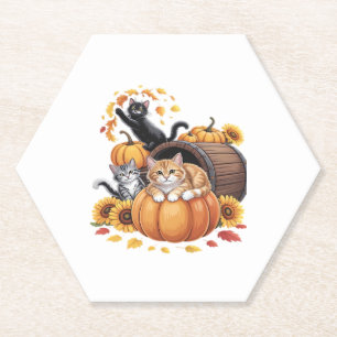 Cats Fall Autumn Pumpkins Thanksgiving Sunflower C Paper Coaster