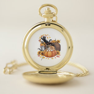 Cats Fall Autumn Pumpkins Thanksgiving Sunflower C Pocket Watch