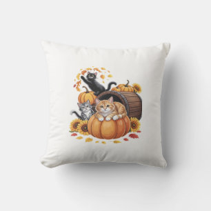 Cats Fall Autumn Pumpkins Thanksgiving Sunflower C Throw Pillow