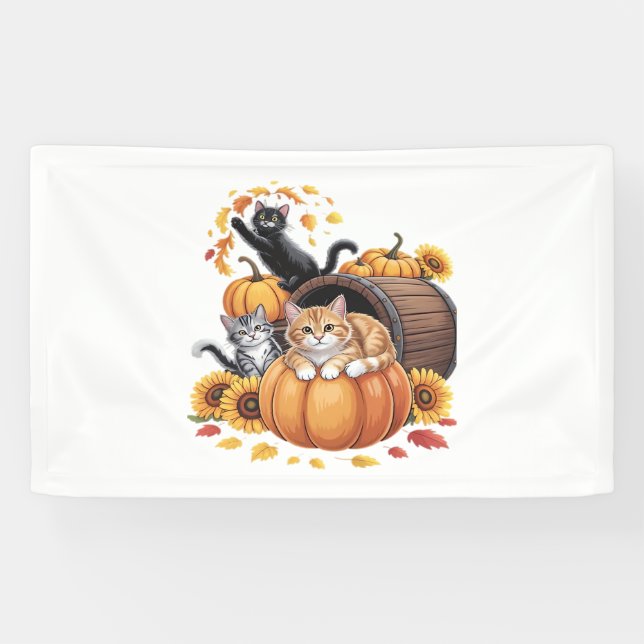 Cats Fall Autumn Pumpkins Thanksgiving Sunflower O Banner (Horizontal)