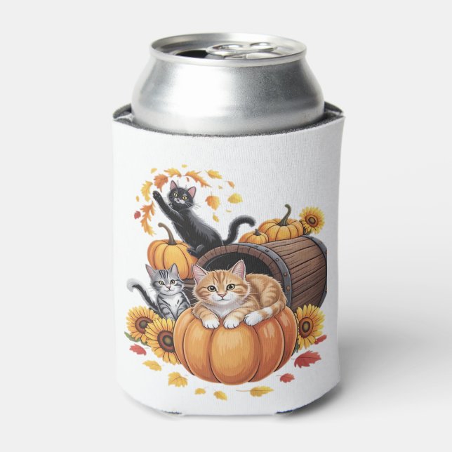 Cats Fall Autumn Pumpkins Thanksgiving Sunflower O Can Cooler (Can Front)