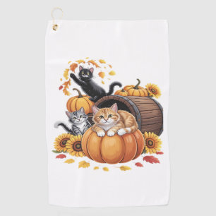 Cats Fall Autumn Pumpkins Thanksgiving Sunflower O Golf Towel