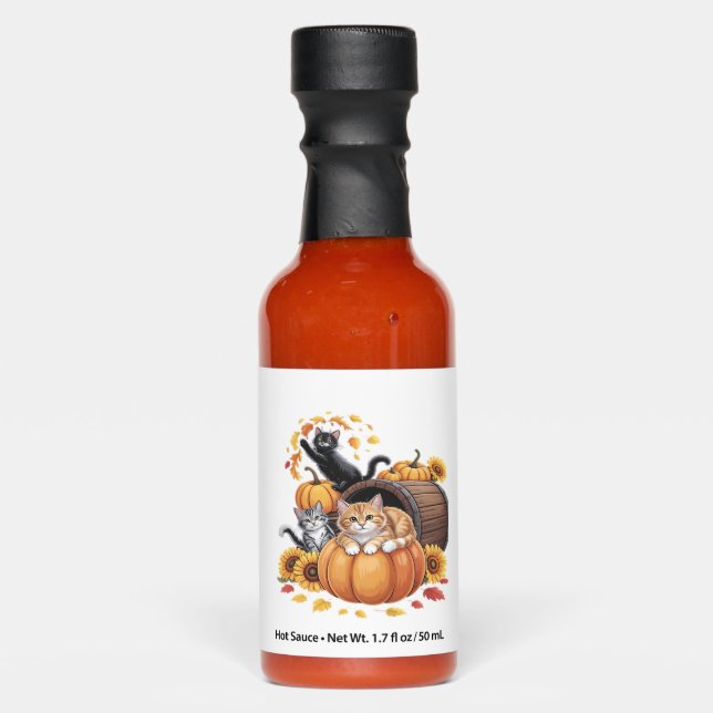 Cats Fall Autumn Pumpkins Thanksgiving Sunflower O Hot Sauces (Front)