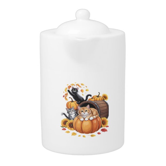 Cats Fall Autumn Pumpkins Thanksgiving Sunflower O Teapot (Front)