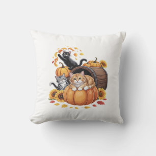 Cats Fall Autumn Pumpkins Thanksgiving Sunflower O Throw Pillow