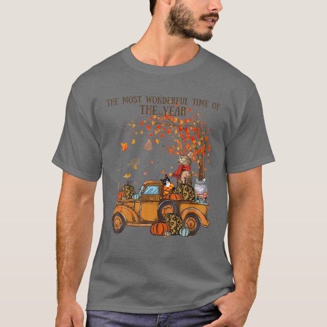Cats Fall Pumpkin-Full Truck Autumn Tree Leaves Ca T-Shirt (Front)