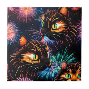 Cats Fireworks Show Ceramic Tile