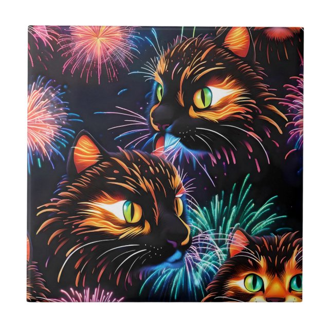 Cats Fireworks Show Ceramic Tile (Front)