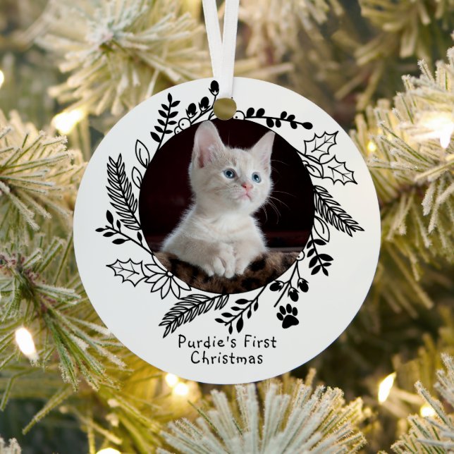Cats First Christmas Personalized Photo and Name Metal Ornament (Insitu)