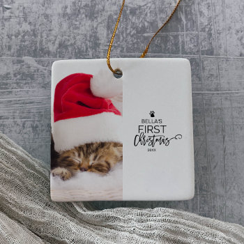 Cat's First Christmas Photo Holiday Ceramic Ornament by ChristmasPaperCo at Zazzle