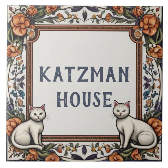 Cats & Flowers Custom House Name Plate Sign Plaque Ceramic Tile (Front)
