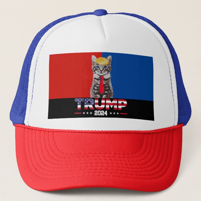 Cats For Trump 2024 | Vance Trump Red Blue Trucker Hat (Front)
