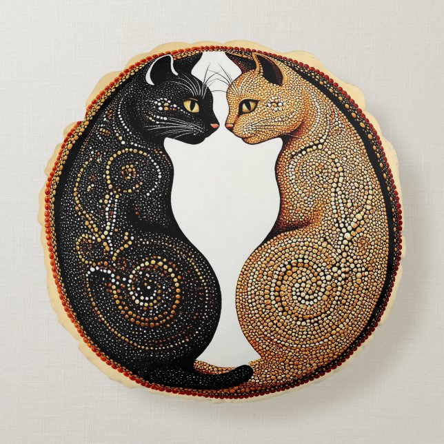Cats Forming a Ying-Yang Inspired Composition Round Pillow (Front)