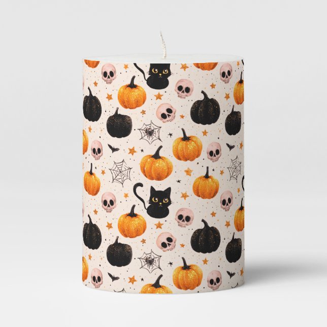 Cats, Ghosts, and Bats- Oh My! Pillar Candle (Front)
