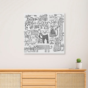 Cats Hand Drawn Black and White Modern Art Faux Canvas Print