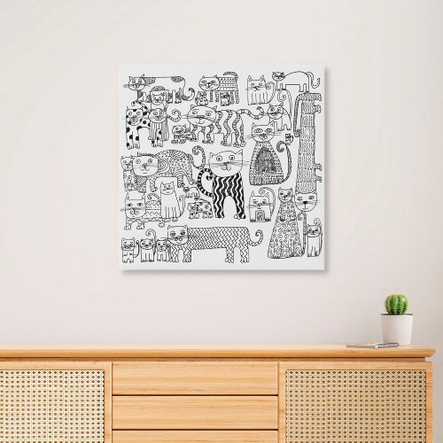 Cats Hand Drawn Black and White Modern Art Faux Canvas Print