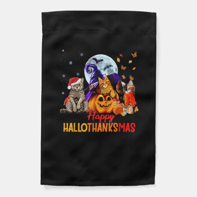 Cats Happy Hallothanksmas Halloween Thanksgiving C Garden Flag (Front)