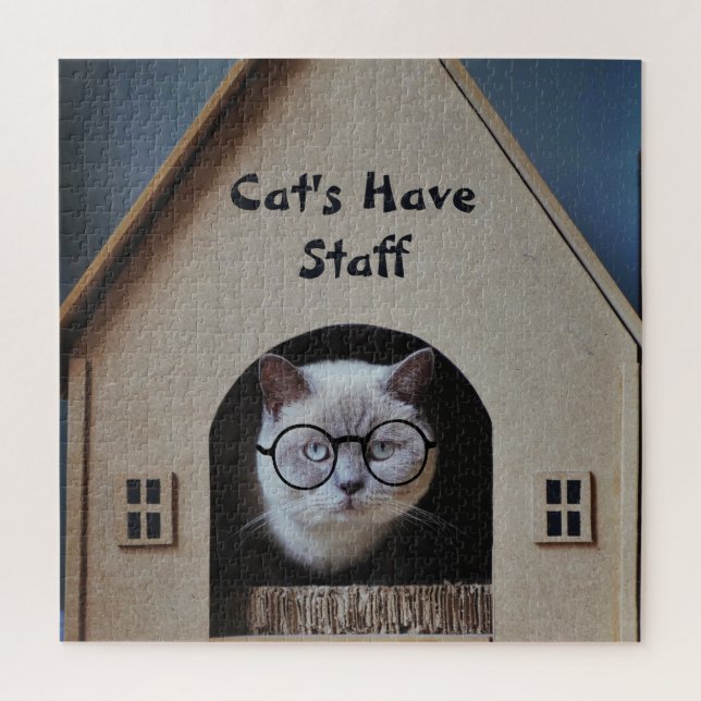 Cats Have Staff Quote Funny Cat Wearing Glasses Jigsaw Puzzle (Vertical)