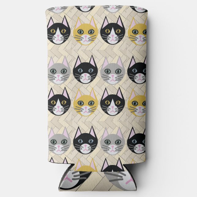 Cats Herringbone Beige Seltzer Can Cooler (Front)