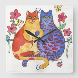 Cats Holding Hands Folk Art Square Wall Clock
