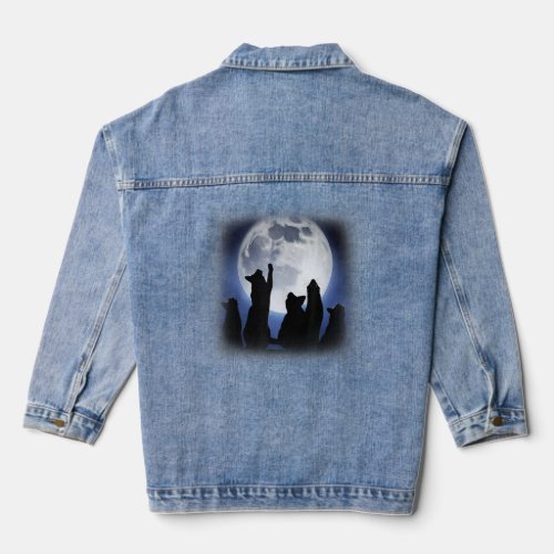 Cats Howling Looking Up to The Moon   for Cat  Denim Jacket