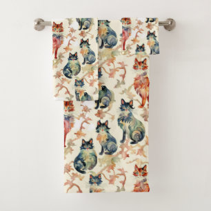 Cats in a Chinese Watercolor Pattern Bath Towel Set